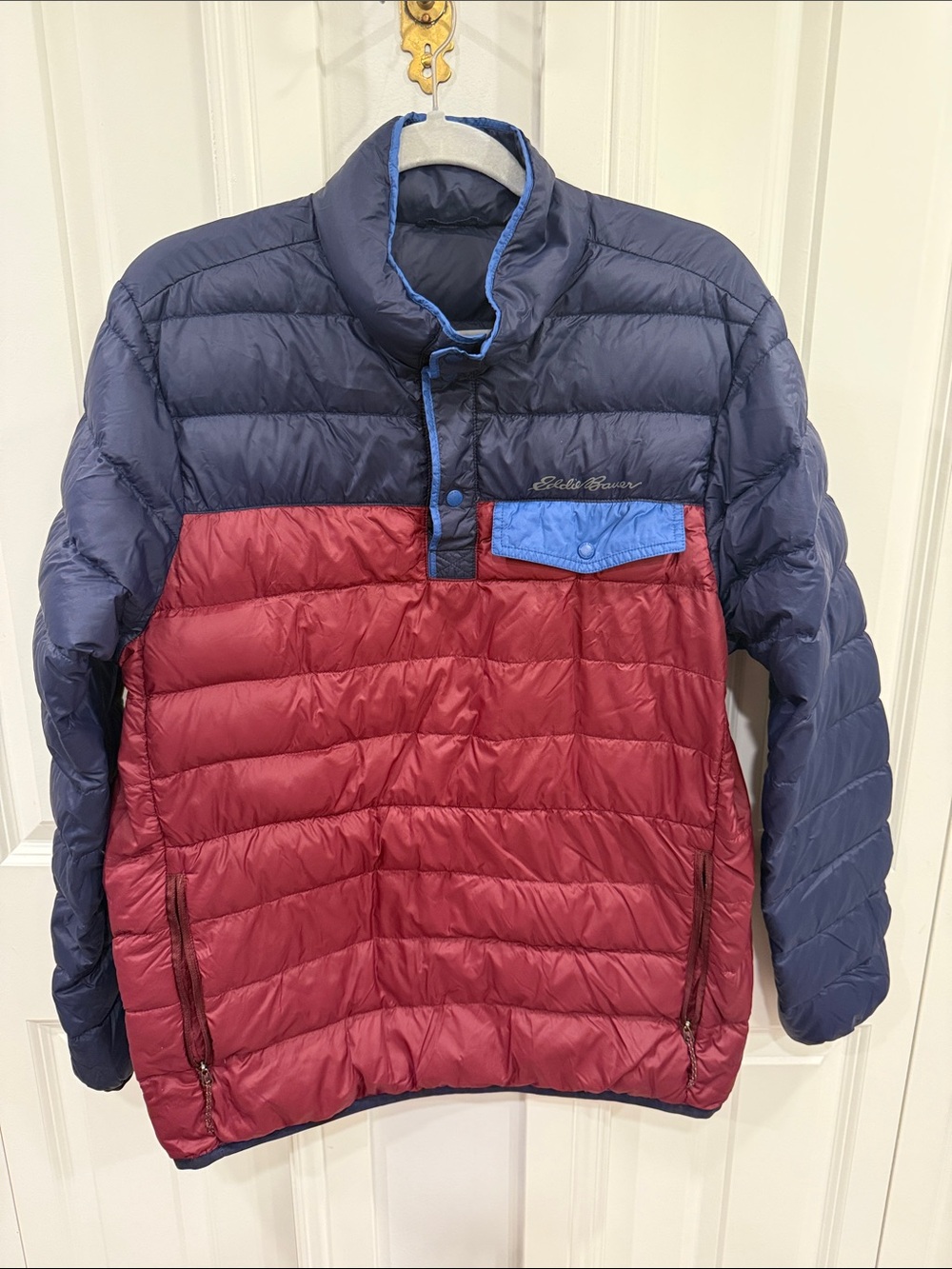Eddie Bauer Navy and Burgundy Colorblock Packable Down Pullover